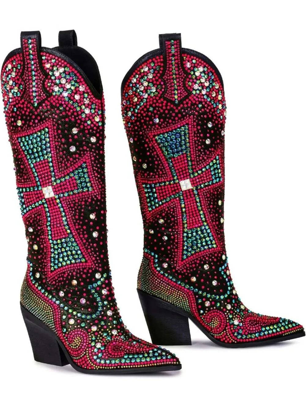 Women's Multi Black Crystal Cross Embellished Pointed Toe Sparkly Cowgirl Boots
